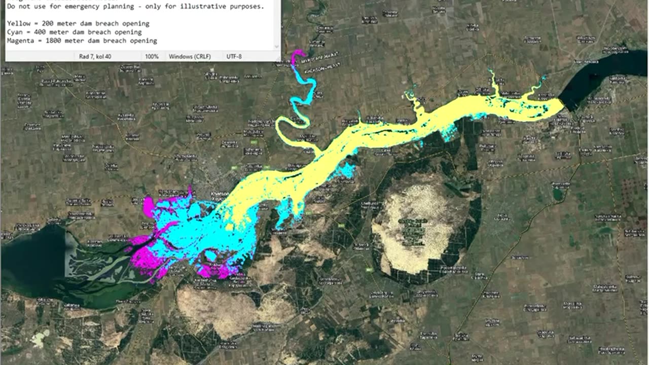 Potential flood zone after the Kakhovskaya HPP dam explosion on the Dnieper.