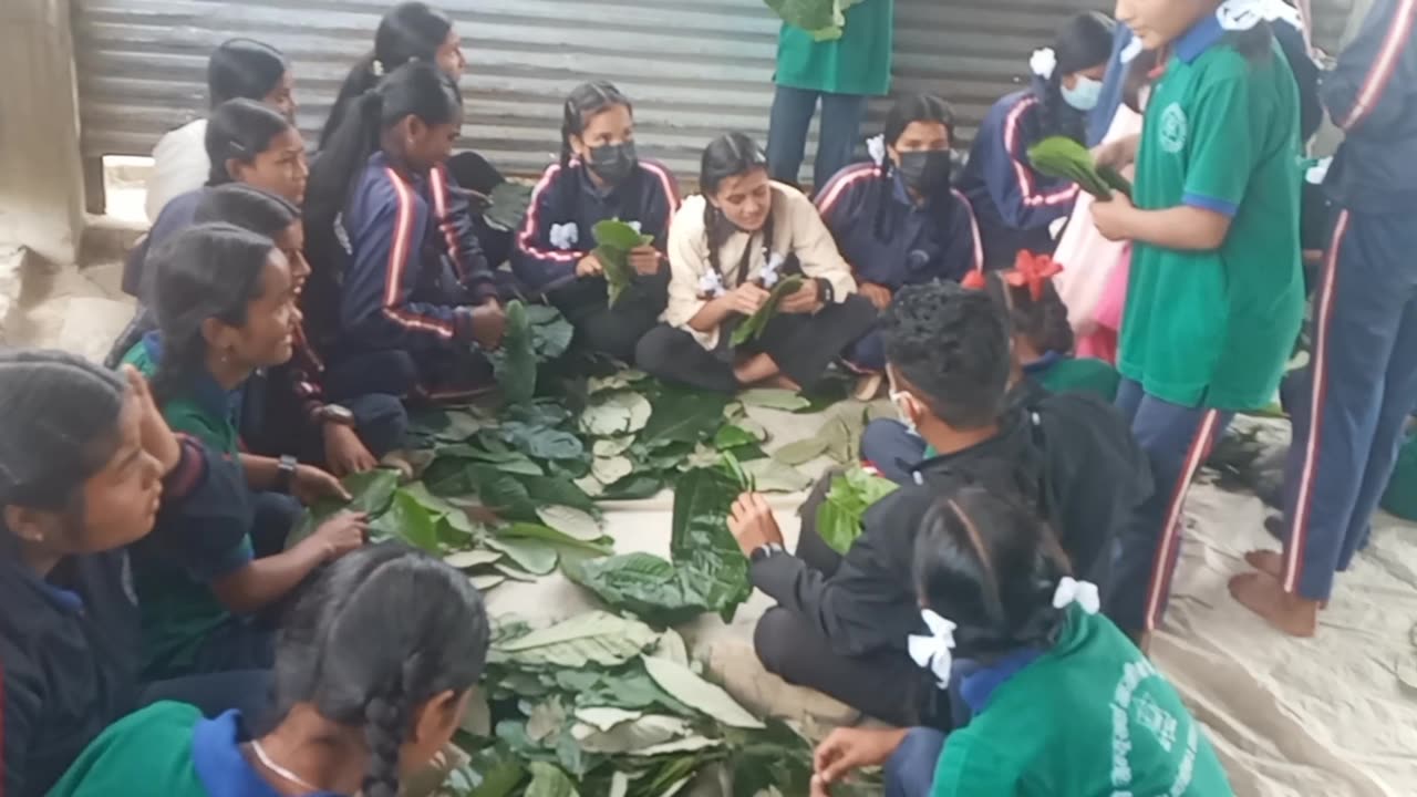 Students learning and making plate of leaf