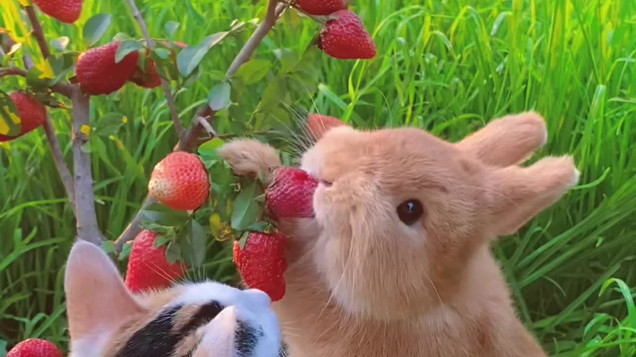 Berry bestfriend sharing sweet moment 🍓🐰😺