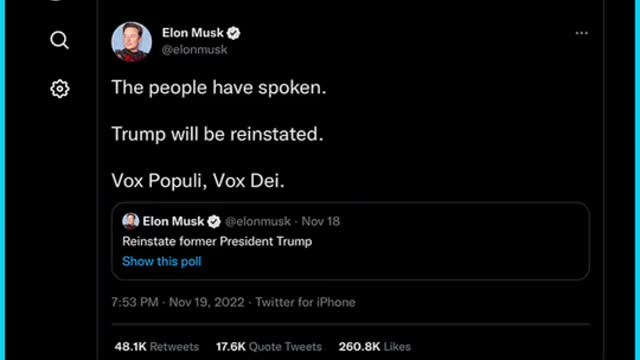 Trump Twitter Account Reinstated Minutes After Elon Musk Declares "The People Have Spoken"