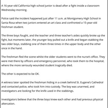 16-Year-Old High School Student Fatally Stabbed In Classroom Fight
