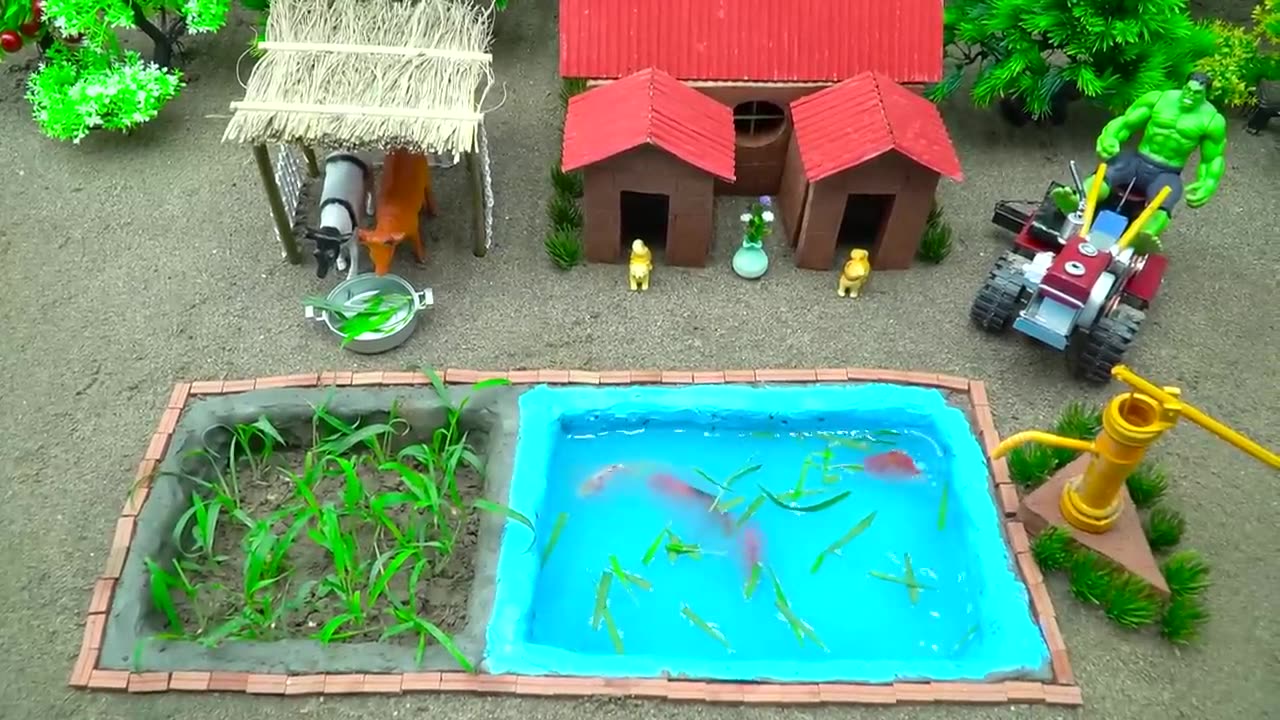 mini Farm Diorama with Aquarium _ Grass _ horse house –🐴