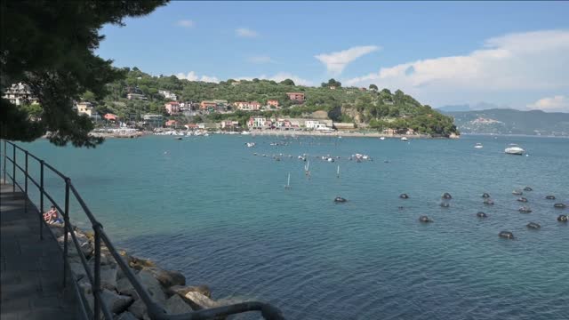 liguria italy june beautiful view of the seascape on the left bathers