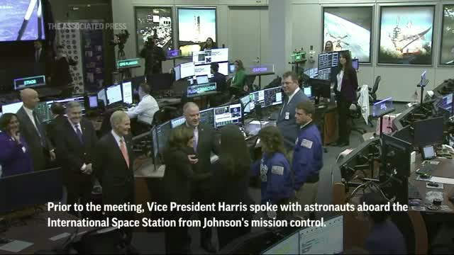 Vice President Kamala Harris speaks with astronauts