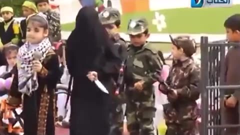 Palestinian school-children role play murdering Israelis and becoming “martyrs.”