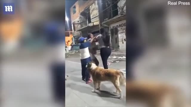 Dog pulls down brawling woman's leggings revealing her whole bottom