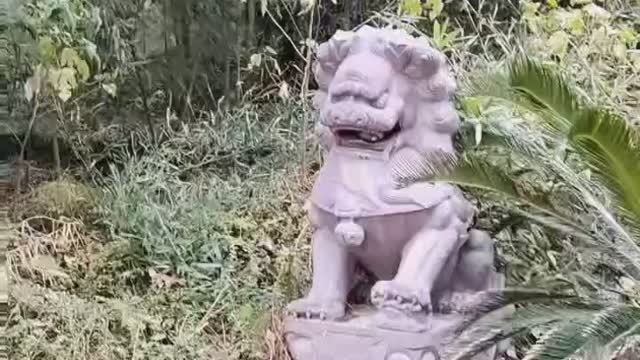 Stone lions in the woods