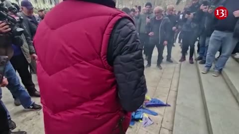 Anti-West protesters tear down, burn EU flag outside Georgian parliament