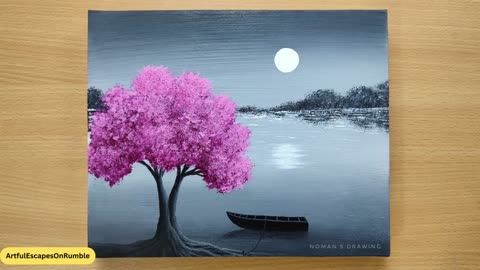 Red Tree | Full Moon | Easy Acrylic Painting for Beginners