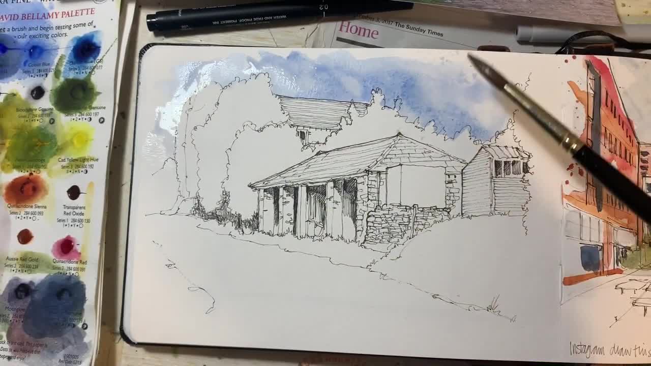 Pend and wash demonstration stage two: watercolour washes.-8