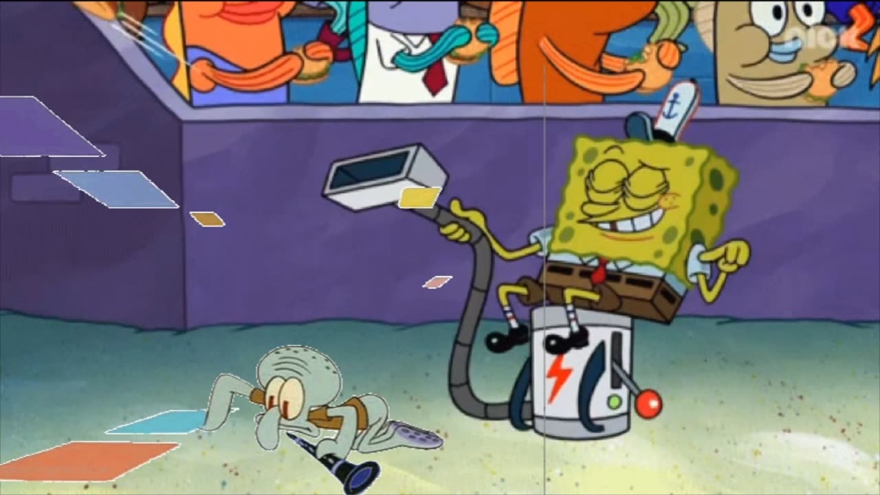 Squidward Is Playing With Tiles While SpongeBob Is Shooting Krabby Patties From A Vacuum Cleaner 🍔