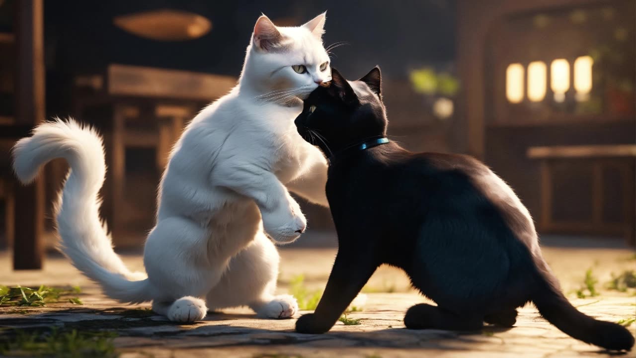 A black cat and a white cat fighting each other