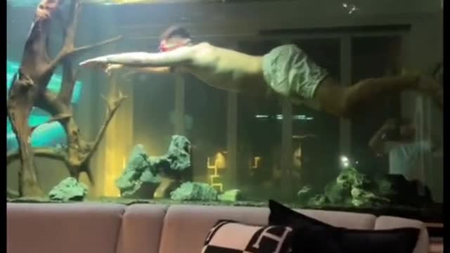 This guy is swimming in a fish tank