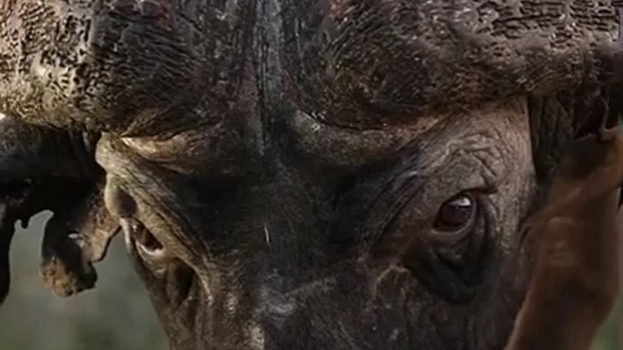 An African buffalo drinking water from a water hole while a thorn mite bird feeds on parasites.