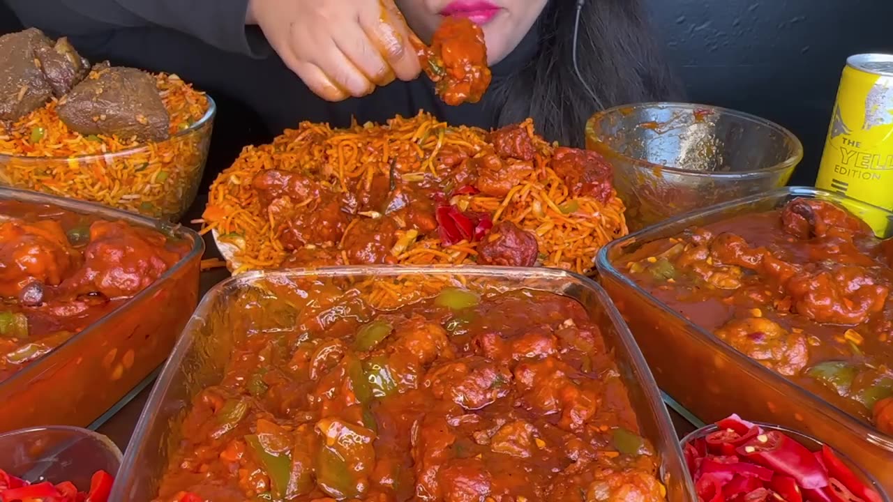 ASMR EATING SCHEZWAN NOODLES,SPICY MUTTON FRIEDRICE,CHILLI CHICKEN,CHICKENLOLLIPOP _FOOD VIDEOS_