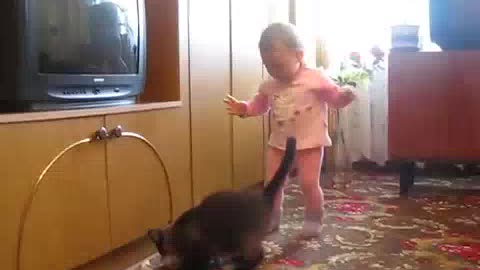 cute baby and cat