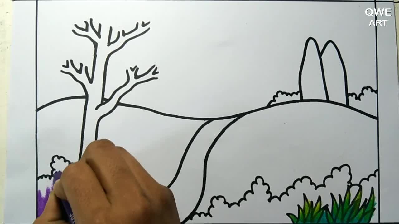 Rainbow Scenery Drawing | Landscape drawing with Mountain and Rainbow - Drawing Class- 12