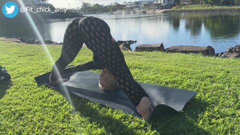 Relaxing leg stretches by the lake