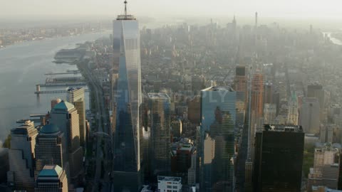 Aerial view of the world trade center in new york city at sunset