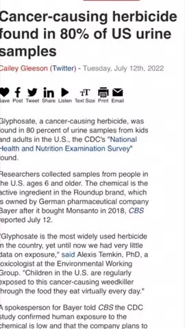 THIS MAY PISS YOU OFF - TESTS SHOW 80% OF THE U.S. HAS CANCER CAUSING "ROUND UP" IN THEIR URINE