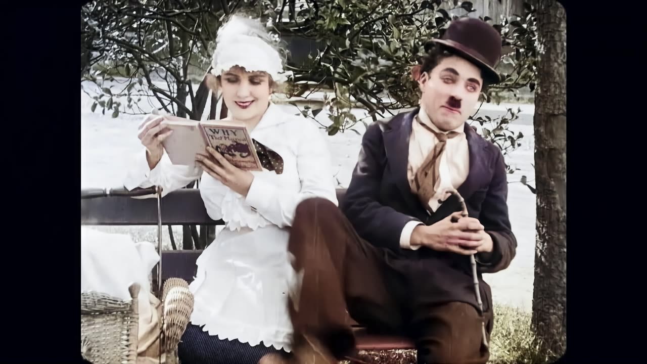 Charles Chaplin 1915 In the Park scene colorized remastered 4k