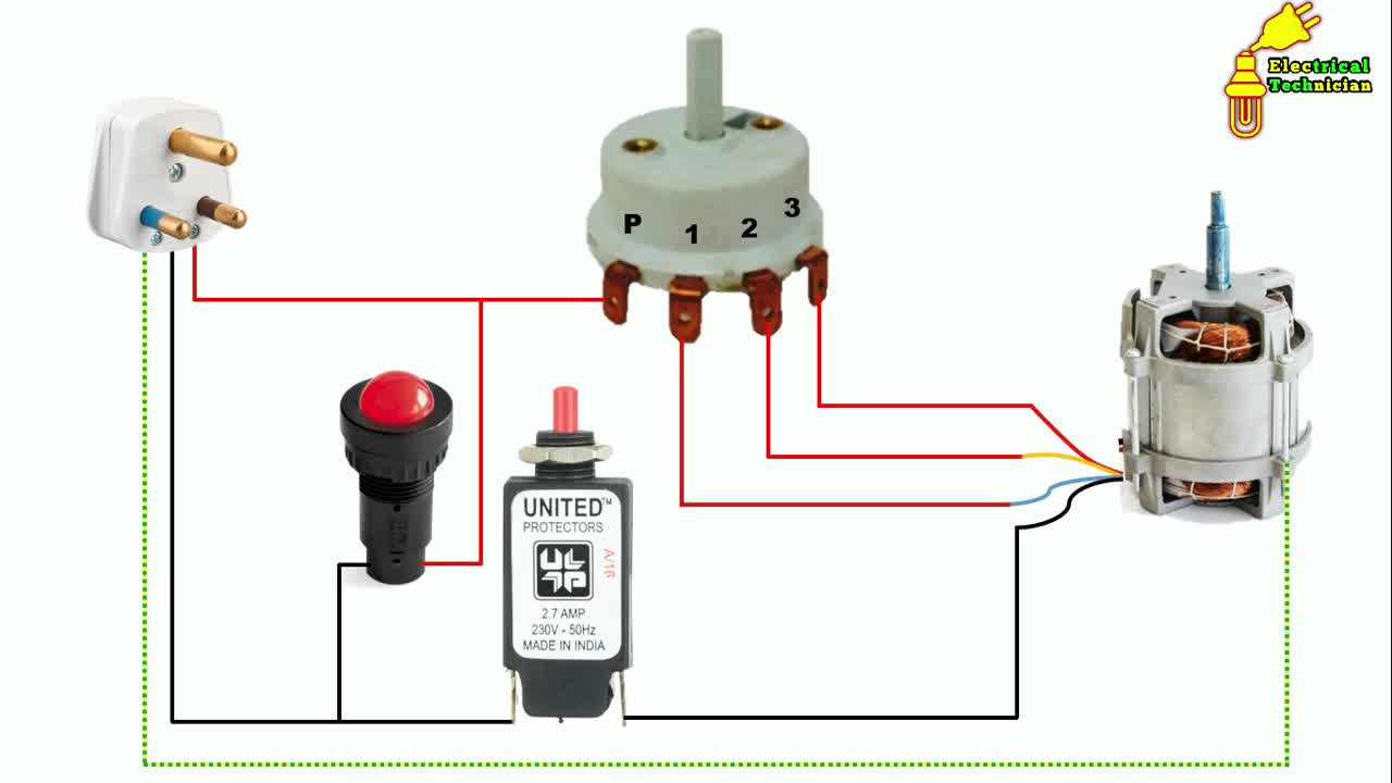 Universal motor, rotary switch, and overload relay wiring for a mixer grinder