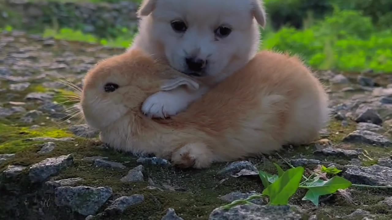 A heartwarming moment with the dog and the little rabbit.