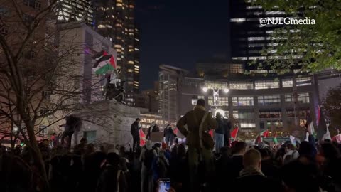 Pro-Palestinian supporters raise flag over Columbus Square in NYC.
