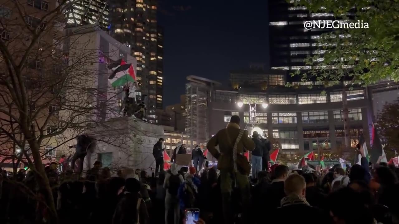 Pro-Palestinian supporters raise flag over Columbus Square in NYC.