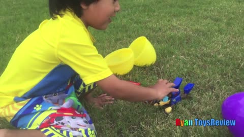 HUGE EGGS Surprise Toys Challenge with Inflatable water slide