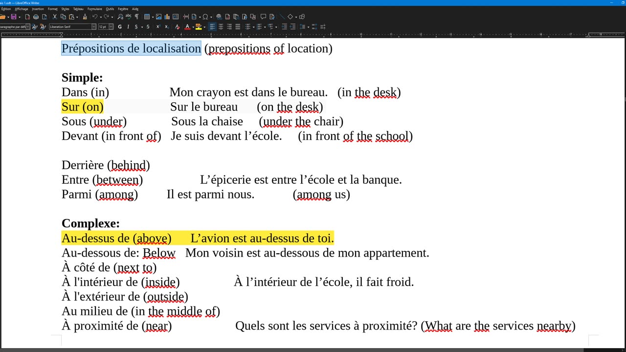 French 14 (complement) Prepositions of location