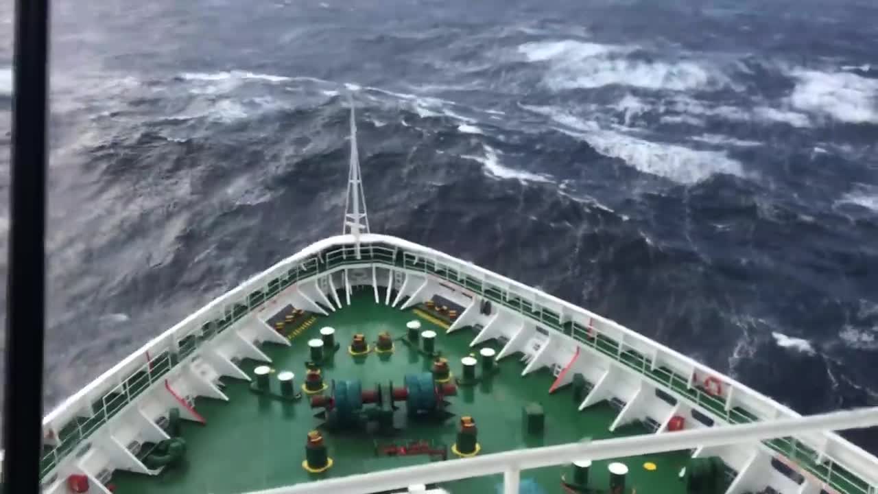 Ship in Storm _ Cruise Ship Climbing Up Big Waves