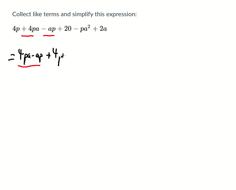 Collect like terms and simplify this expression: 4p+4pa-ap+20-pa^2+2a