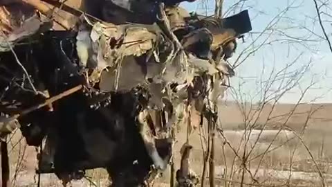 Destroyed launcher of the Ukrainian army's Uragan MLRS somewhere at the front