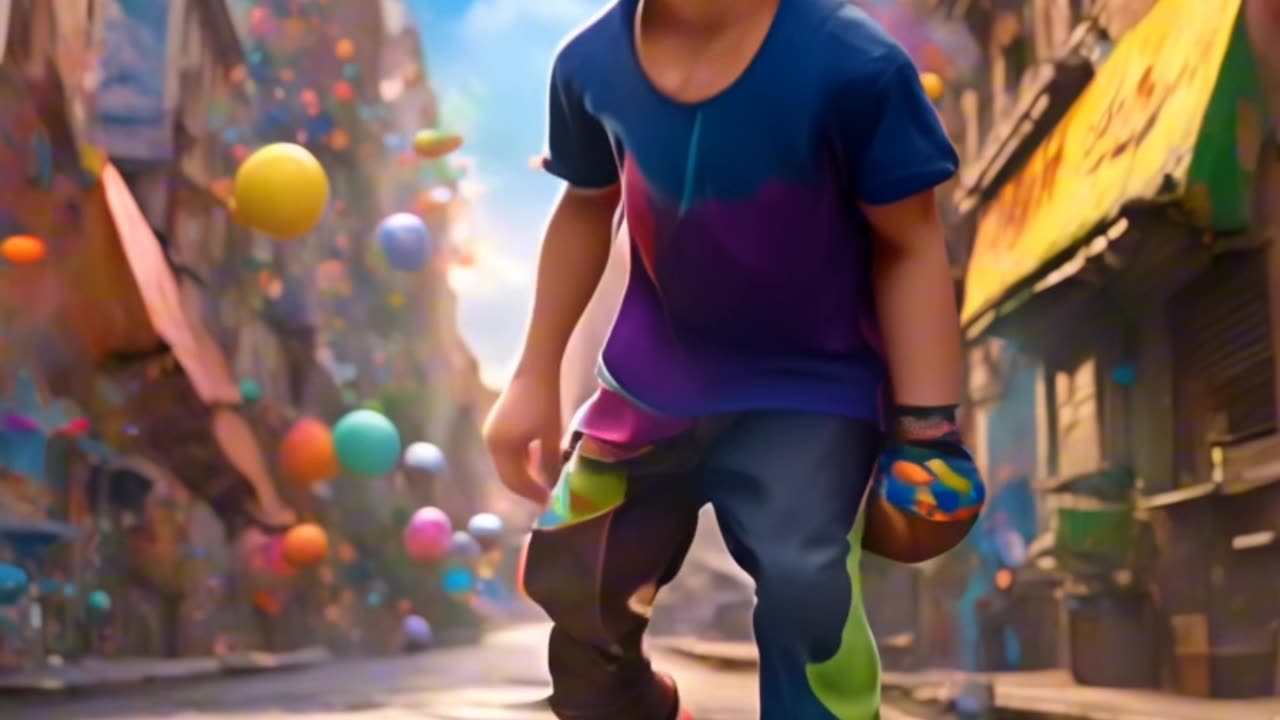 AI Generated Video of the Boy having fun in the colourful city