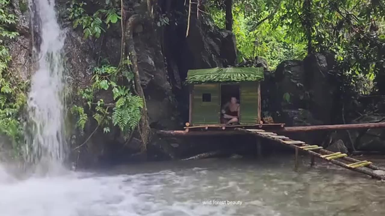 Building a Plastic Film Shelter for an Overnight Picnic in the Wild Forest