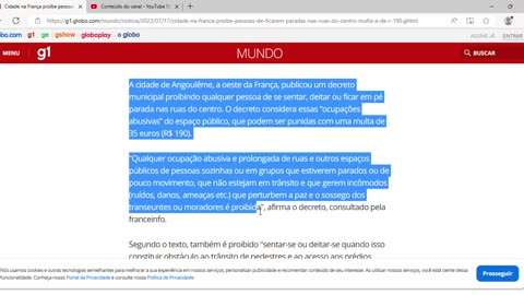 Cidade na França proíbe pessoas de ficarem paradas nas ruas do centro; multa é de R$ 190