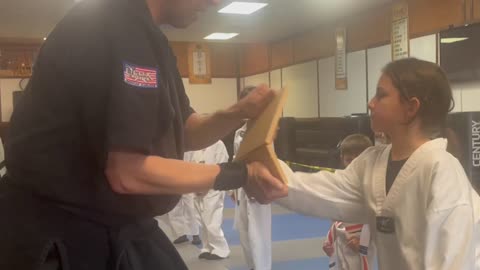 Right hand board break with palm hand strike