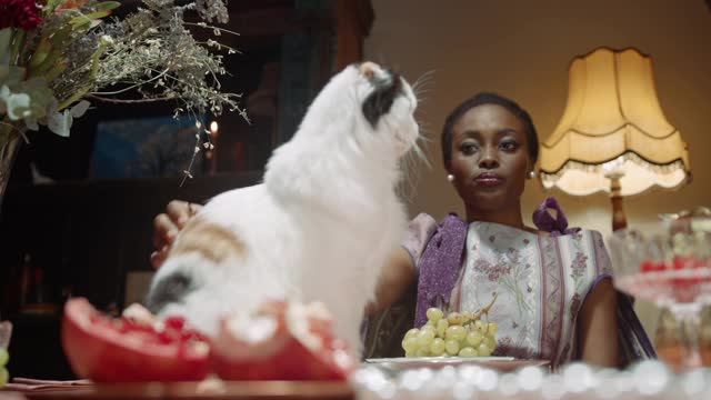 A Woman Petting Her Cat On The Dining Table