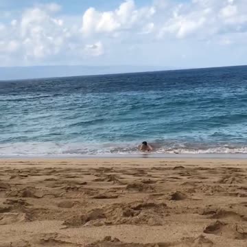 Guy in blue shorts on skimboard in water