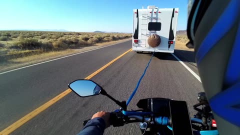 Ran out of fuel. Got towed by an Itasca motorhome on a drinking water hose 10 miles to Baker! #mt09