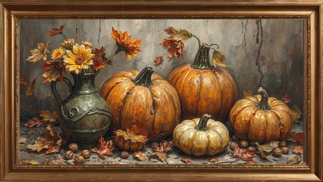 Autumn fall pumpkins . Framed art screensaver for smart TV . 4k Vintage Oil Painting background .