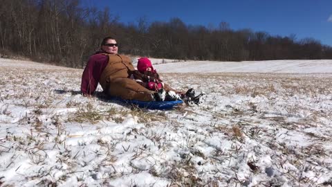 Man's Pit Bull Helps Him Ski Down Snowy Hill