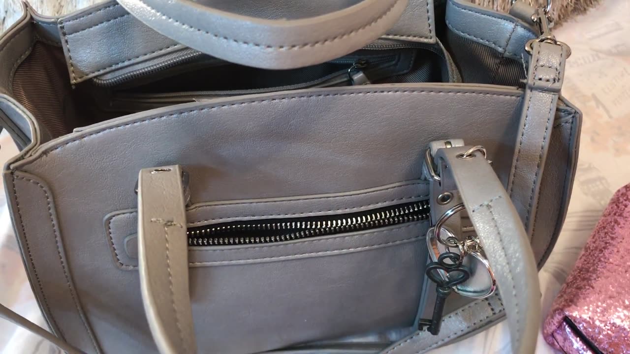 What's in my bag, Mondani grey purse for only $29.99 from Burkes outlet.