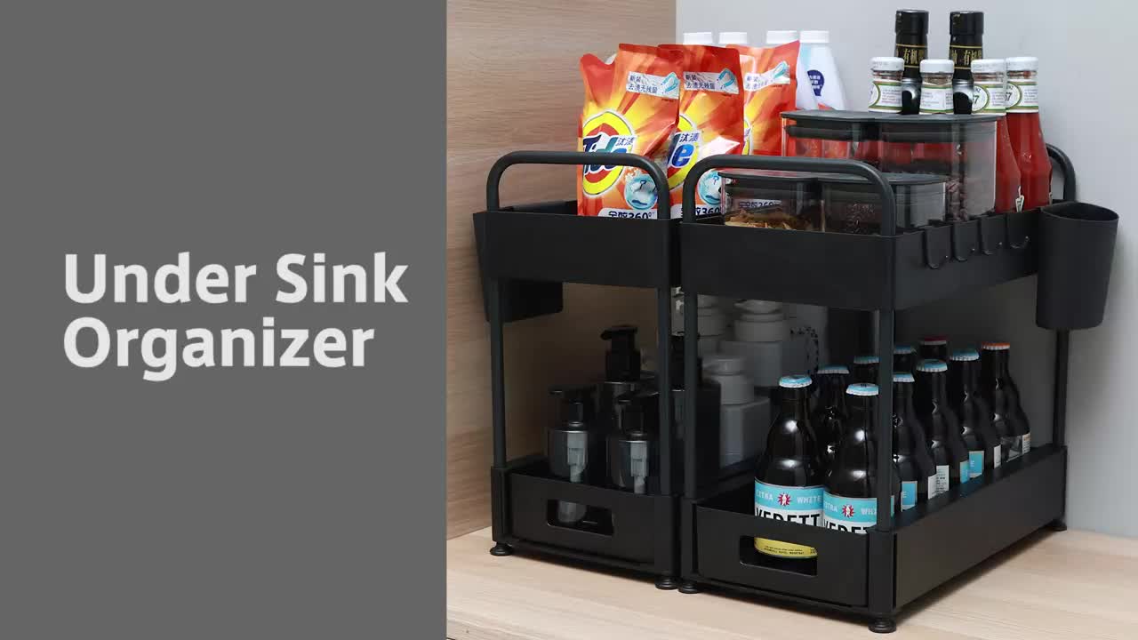 Sink Cabinet Organizer - 2 Tiers Large Capacity Bathroom Shelf Organizer with Hooks for Kitchen,