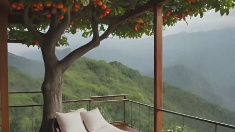 Relax with us in this serene room surrounded by lush greenery outside with oranges tree.