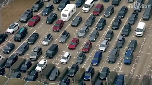 Aerial footage shows huge queues waiting to cross the channel in Folkestone