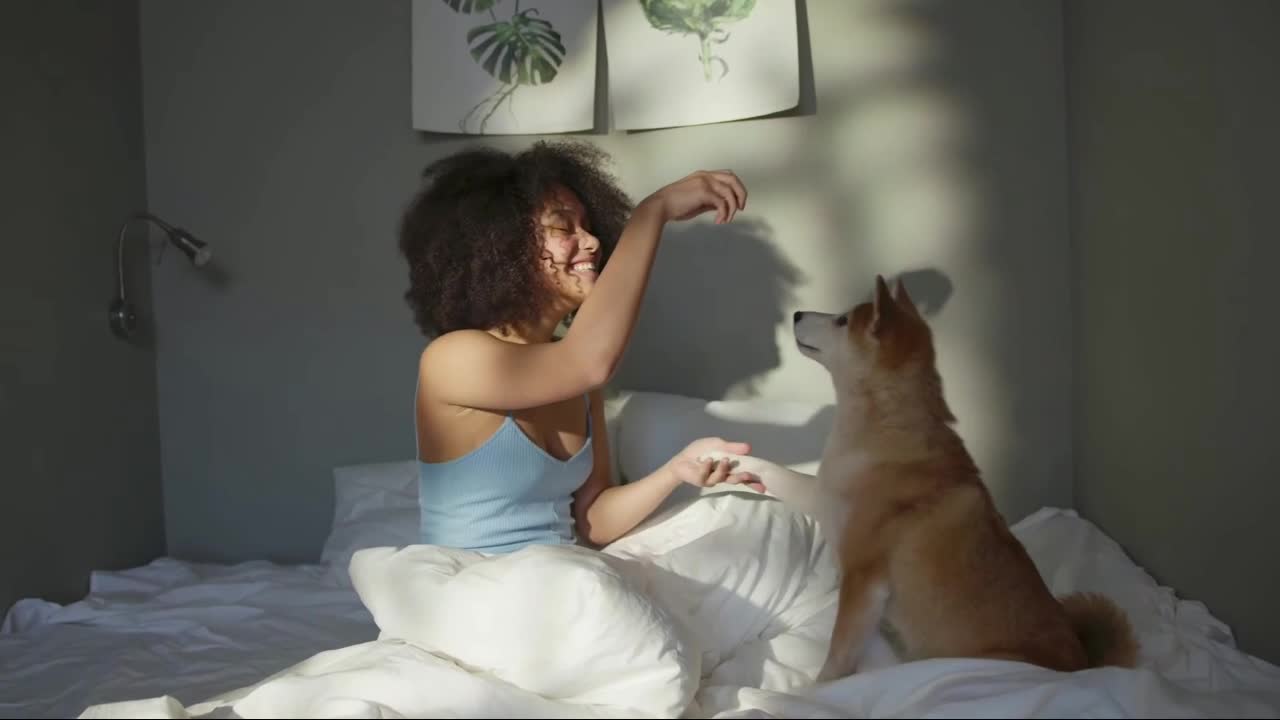 Dog playing with mean in the bed