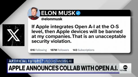 Musk on Apple integrating OpenAI_ 'Apple devices will be banned at my companies' ABC News