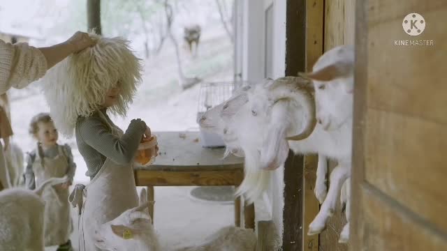 Beautyful girls eting the food a goat